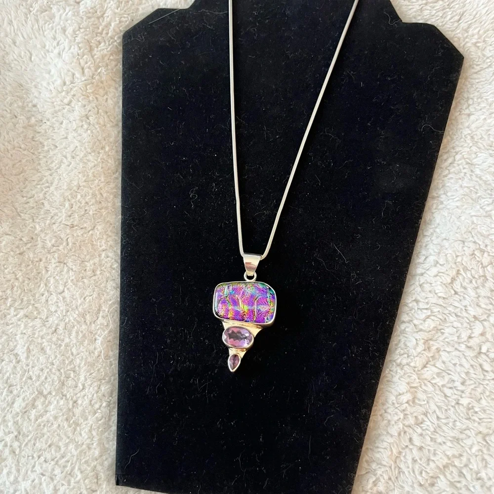 DICHROIC GLASS AMETHYST STERLING SILVER DESIGNER SIGNED PENDANT 16” SNAKE CHAIN - Picture 2 of 8